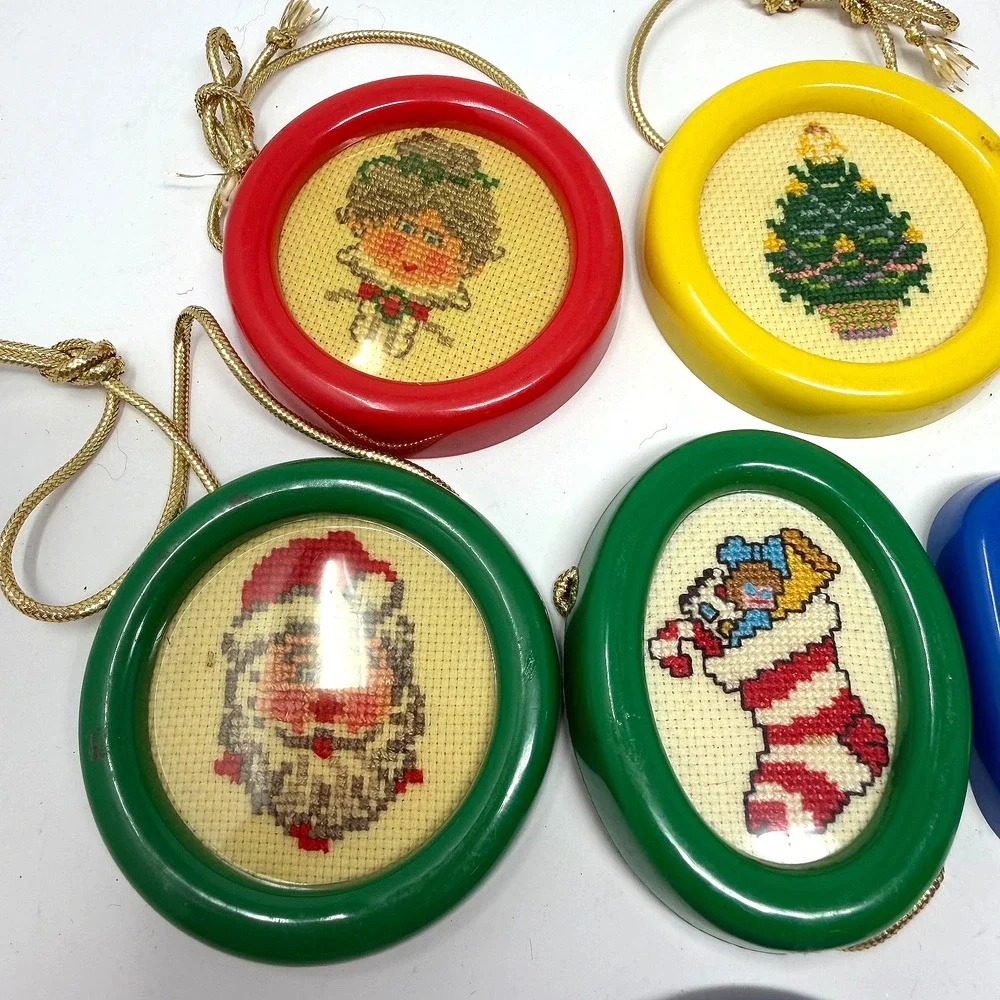 Lot of 6 Vintage Handmade Cross Stitch Christmas Ornaments Plastic Frames